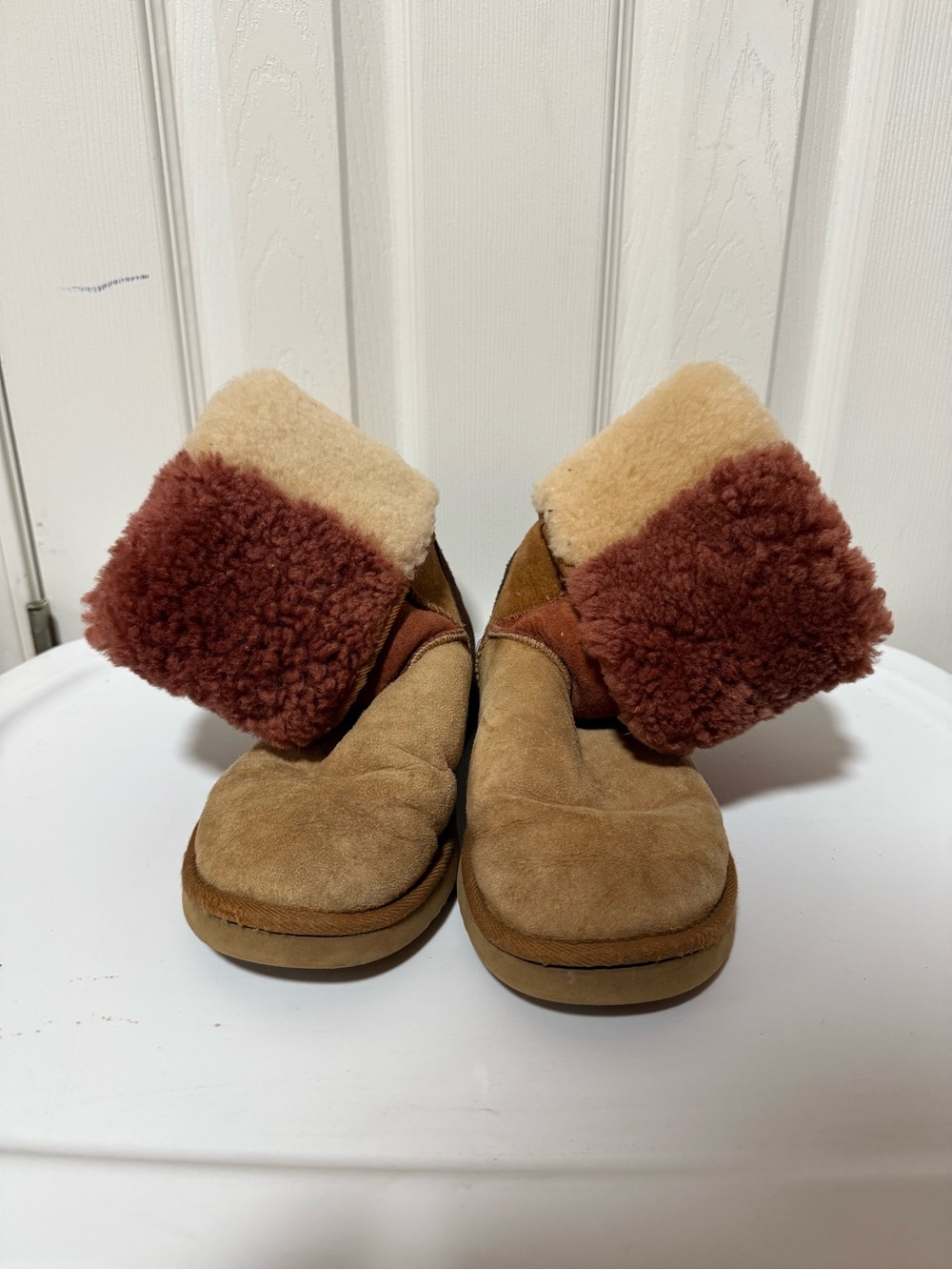 UGG Women's Tan Suede Fold-Over Shearling Cuff Slippers